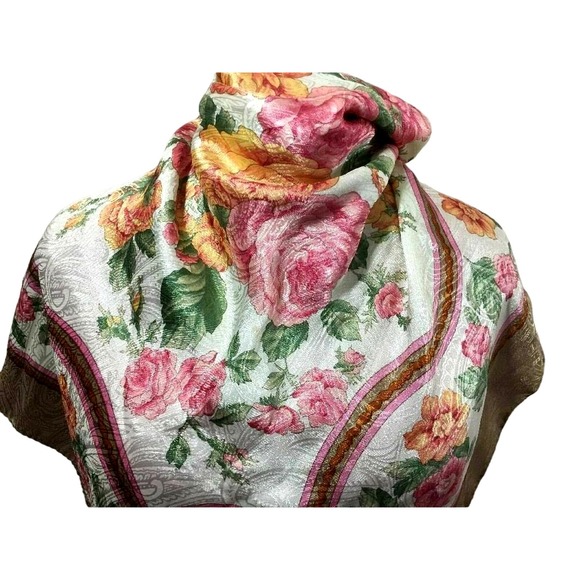 Casca Floral Square Scarf Cabbage Rose Silky Golden Shimmery Hand Rolled Hem 35" - Picture 10 of 14